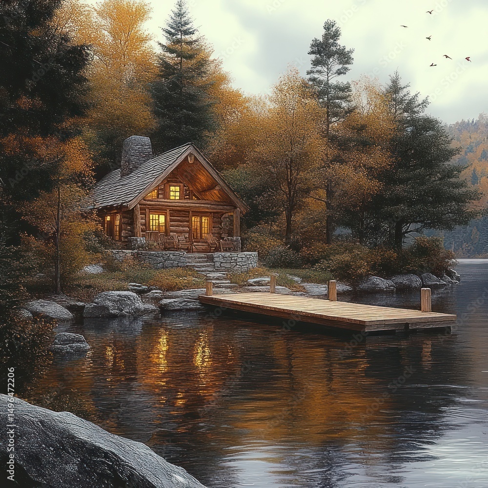 Fototapeta premium Cozy wooden cabin with glowing windows near a wooden dock on a calm lake surrounded by autumn trees under a cloudy sky with birds flying