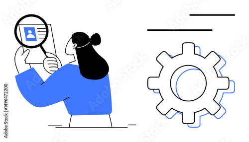 Woman examining user profile with magnifying glass, gear icon symbolizing system efficiency and processes. Ideal for recruitment, HR, data analysis, technology, innovation, process focus, system