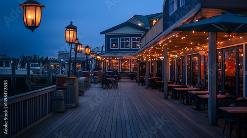 Fototapeta Naklejka Na Ścianę i Meble -  Waterfront dock restaurant with lanterns and vintage maritime design