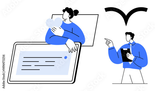 Woman with heart and open message, man with clipboard and gesture. Ideal for teamwork, remote work, communication, feedback, productivity, digital relationships networking. Flat simple metaphor