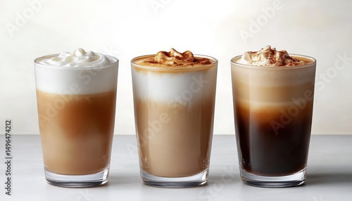 Wallpaper Mural Three glass cups filled with layered coffee drinks topped with whipped cream and sprinkled cinnamon on a light background Torontodigital.ca