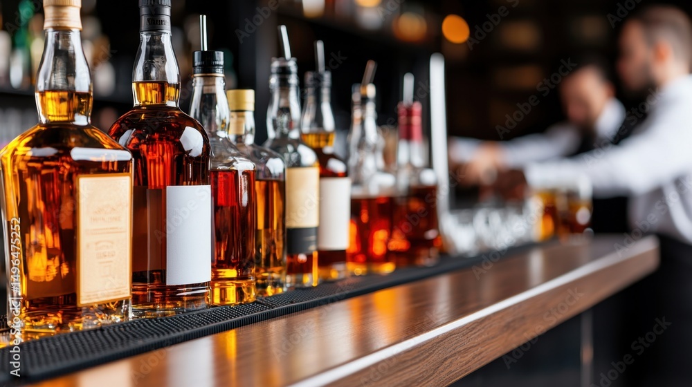Stylish bar counter lined with various liquor bottles showcasing rich colors and elegant presentation Stylish bar counter lined with various liquor bottles showcasing rich colors and elegant presentation