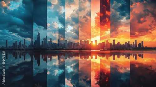 City skyline with tall buildings reflected on water under transitioning sky from stormy blue to bright orange sunset showcasing dynamic weather changes