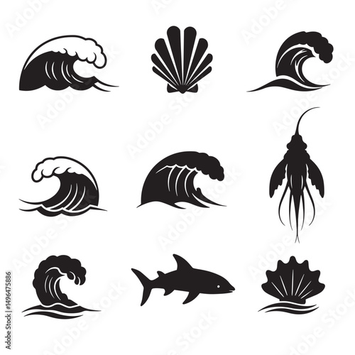 Marine life elements and ocean wave silhouettes in monochrome vector illustration