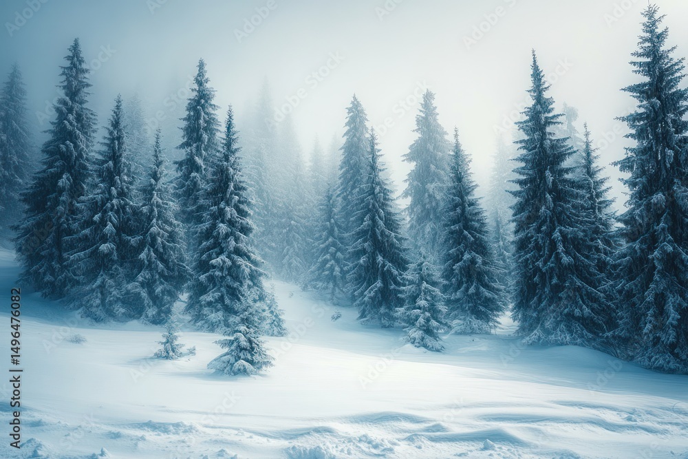 Naklejka premium Snow-covered pine trees in a foggy winter forest landscape creating a serene and cold atmosphere