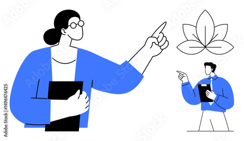 Two individuals, one pointing at a leaf emblem while holding documents, exchange ideas. Ideal for education, teamwork, communication, wellness, leadership strategy growth concepts. Modern flat