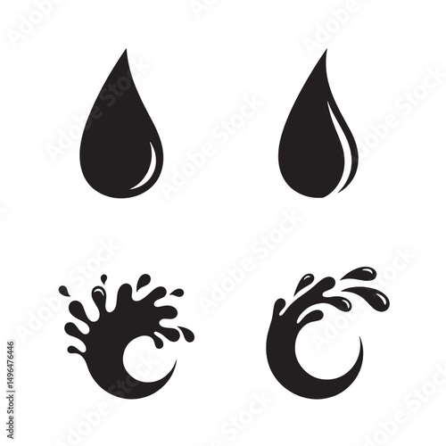 Black and white vector icons depicting water droplets and water splashes in a simple silhouette style