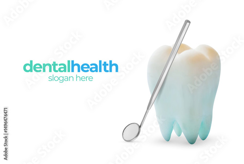Dental health concept with realistic tooth icon and  dental mirrow isolated on a white background