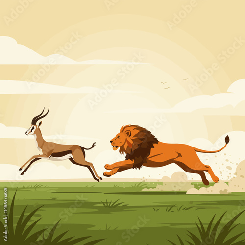 Lion Chasing Antelope Across Savannah in Graphic Style Illustration