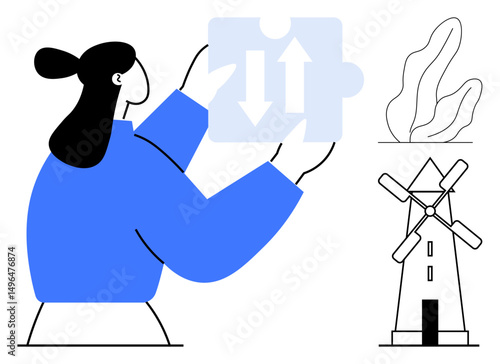 Woman examines a puzzle piece with directional arrows, next to a windmill and abstract plant. Ideal for teamwork, growth, renewable energy, strategy, innovation, problem-solving, simple landing page