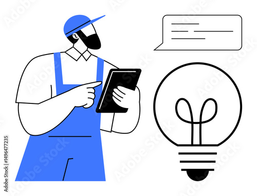 Worker wearing uniform and cap holds a tablet, with a light bulb icon and speech bubble nearby. Ideal for innovation, technology, communication, problem-solving, ideas, energy efficiency. Flat