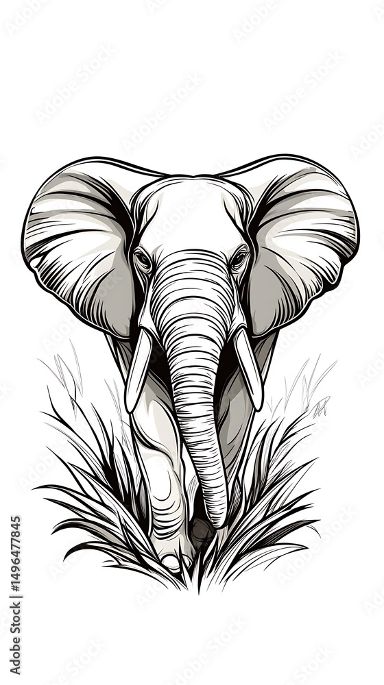 Obraz premium ゾウ 草 モノクロ イラストレーション