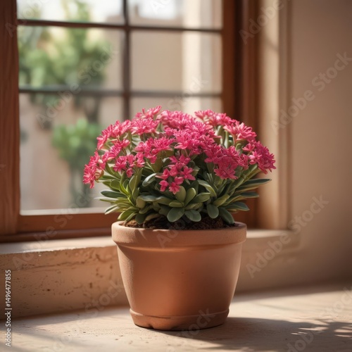Tiny pink crassula blossoms in terracotta pot, sunny windowsill , macro, spring