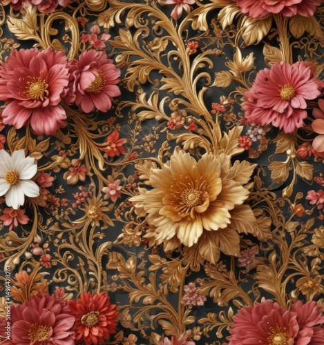 Intricate gold filigree on rich floral wallpaper, colorful blossoms, decoration, print