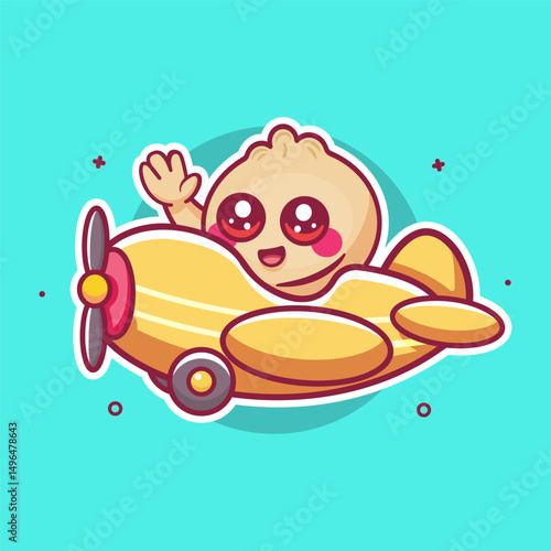 cheerful dim sum food character mascot flying an airplane isolated cartoon