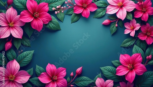 Bold fuchsia blossoms, vibrant leaf details, all-over floral print, magenta flower, fuchsia blossom, wallpaper