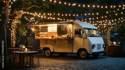Outdoor food truck at night under string lights.