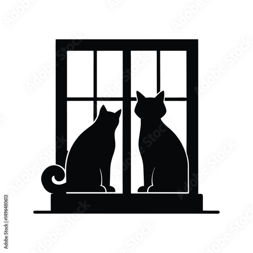 Two Cats on Windowsill Black Silhouette