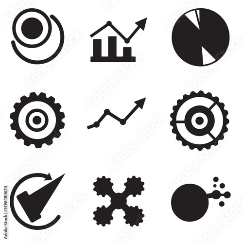 Black and white icon set for business finance data analysis and technological concepts
