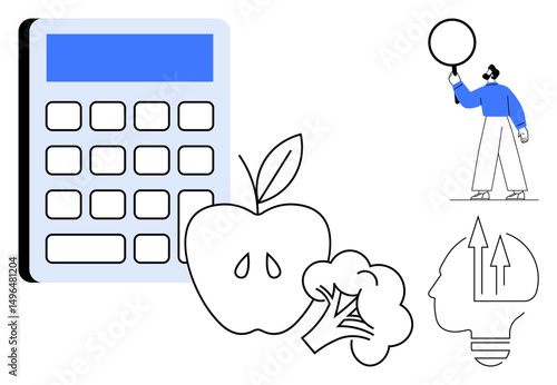 Wallpaper Mural Calculator, apple, broccoli outline, figure holding balloon, and brain infographic emphasize balance of health, money, ideas, and growth. Ideal for wellness finance productivity education Torontodigital.ca