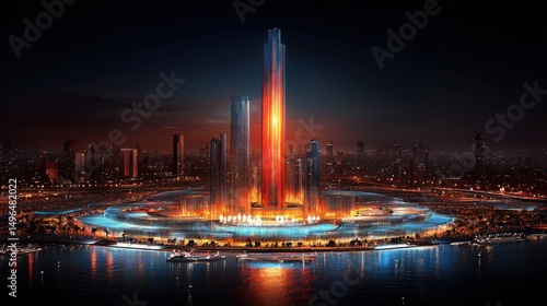 Majestic Urban Skyline at Dusk with Illuminated Fountain Display