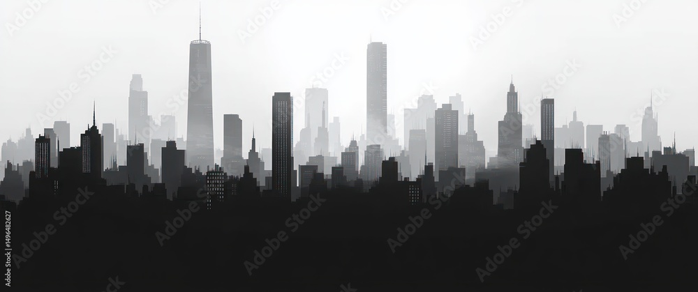 Fototapeta premium Monochrome silhouette of a dense city skyline with various high-rise buildings fading into a misty background, creating a calm and mysterious atmosphere