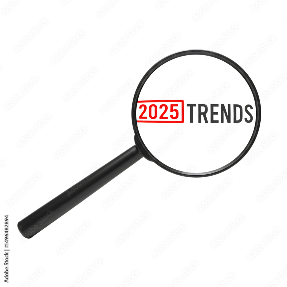 Magnifying glass focusing on 2025 trends isolated on transparent background business, marketing, planning. Magnifying glass focusing on 2025 trends isolated on transparent background business, marketing, planning.