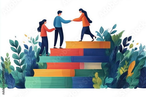 Three people helping each other climb a staircase made of large colorful books surrounded by lush green plants, symbolizing support and teamwork in learning