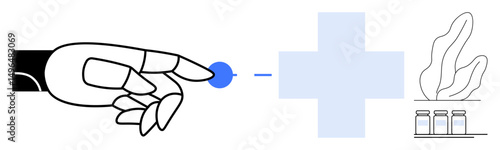 Robotic hand interacts with blue dot near a medical cross, plants, and medicine jars. Ideal for health tech, innovation, robotics, biotechnology, medical research, digital transformation simple