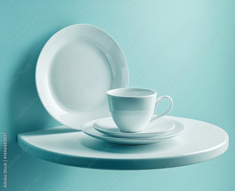 White dishes on mint green shelf White dishes on mint green shelf