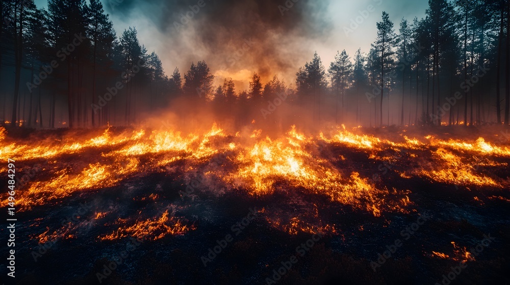 Fototapeta premium Intense wildfire engulfing a forest floor, flames leaping high amidst smoke-filled, silhouetted trees under a dramatic sky