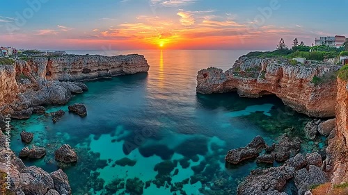 Aerial view of rocky coastline at sunset with clear turquoise water in summer