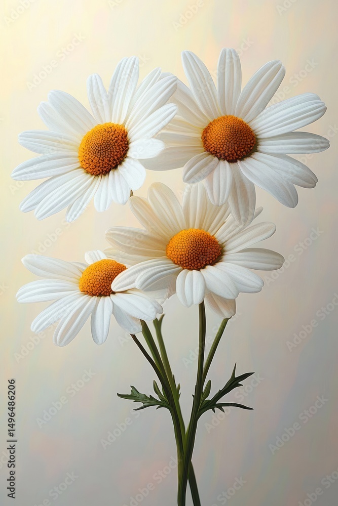 Naklejka premium Close-up of four white daisy flowers with bright yellow centers on green stems against a soft beige background evoking calmness and simplicity
