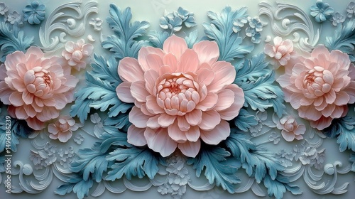 Elegant bas-relief flowers in soft pastel pink with detailed blue-green leaves on an ornate white decorative background conveying beauty and serenity