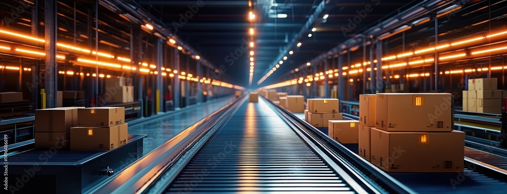 Fototapeta premium Automated warehouse conveyor system with multiple stacked cardboard boxes moving along illuminated tracks in a spacious industrial facility at dusk