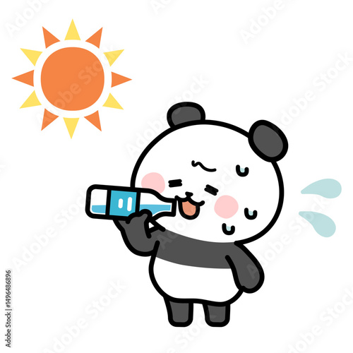 Clip art of panda taking hydration to prevent heat stroke.
