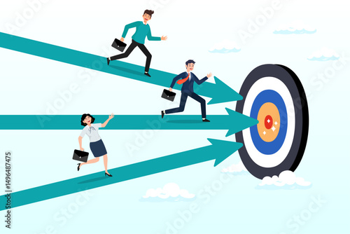 Business people run on arrow to target, competition or race to reach business goal or target, effort or challenge to achievement, motivation, progress or performance win business competition concept