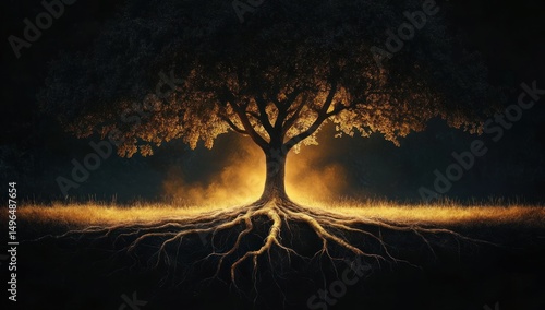 Large tree glowing with warm golden light illuminating its detailed roots beneath the ground in a dark surrounding, symbolizing strength and connection