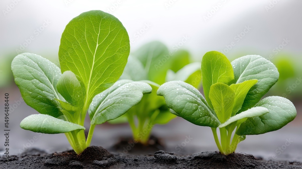 Naklejka premium Bok Choy Seedlings Growing in Soil - Fresh Produce, Sustainable Agriculture