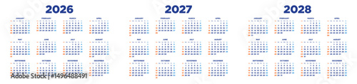 Three-year calendar for 2026-2028, horizontal design