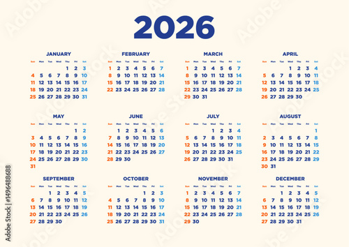One-year calendar for 2026, horizontal design