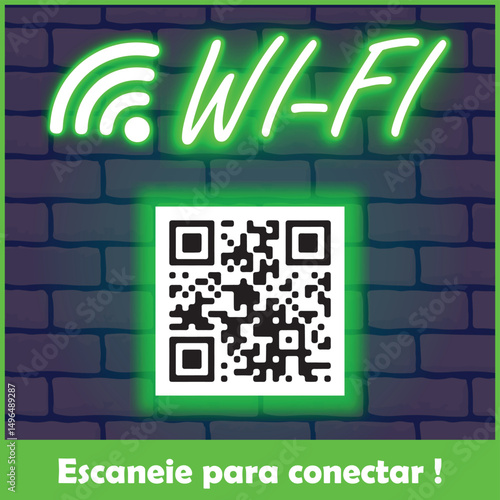 Placa Neon Wi-Fi Grátis com QR Code. Arte nas Cores Branco e Verde com Textura de Tijolos ao Fundo.	