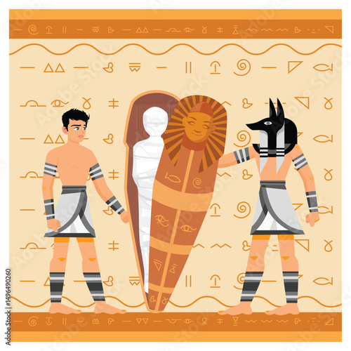 Ancient Egypt, Mummification Scene with Characters and Hieroglyphic Background.