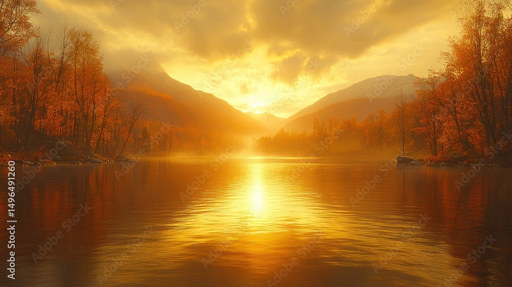 Fototapeta premium Golden Autumn Sunset over a Calm River