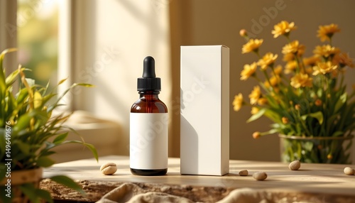 dropper bottle & box blank mockup in split perspective, warm ivory accents & morning radiance, minimalist, no text, no logo.