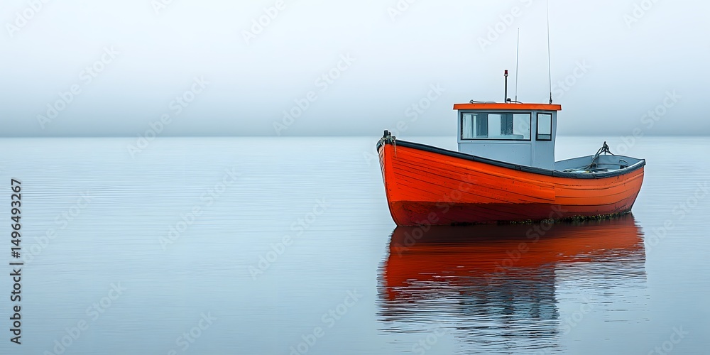 Fototapeta premium Solitary Orange Fishing Boat on Calm Water