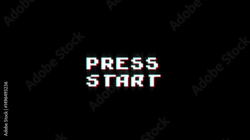 press start 8-bit pixel text animation with dynamic glitch distortion effect. dynamic motion video game black green screen. press started starting