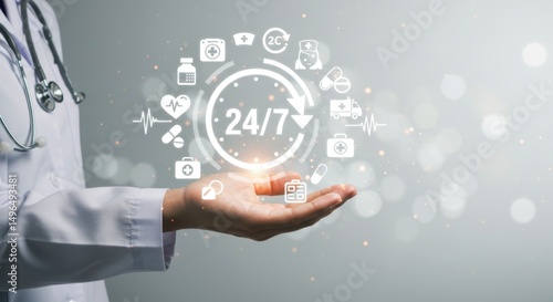 Doctor's Hand Holding a Holographic Display of 24/7 Medical Services and Healthcare Icons, Symbolizing Continuous Patient Care, Digital Health, and Accessible Medical Support.