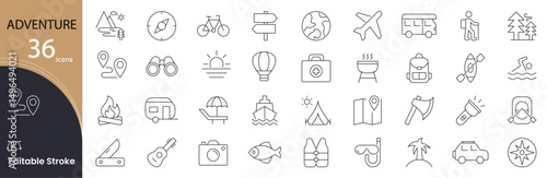 Adventure related icons set. Including hiking, camping, mountain, exploration, backpack, nature, and travel. Editable stroke. outline icons.