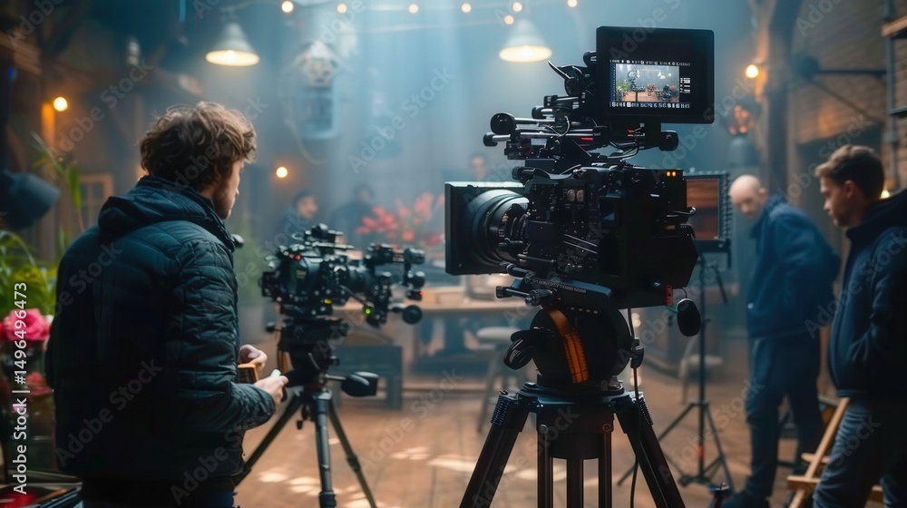 Fototapeta premium Film crew in action, setting up cameras on a movie set to capture a dynamic scene.